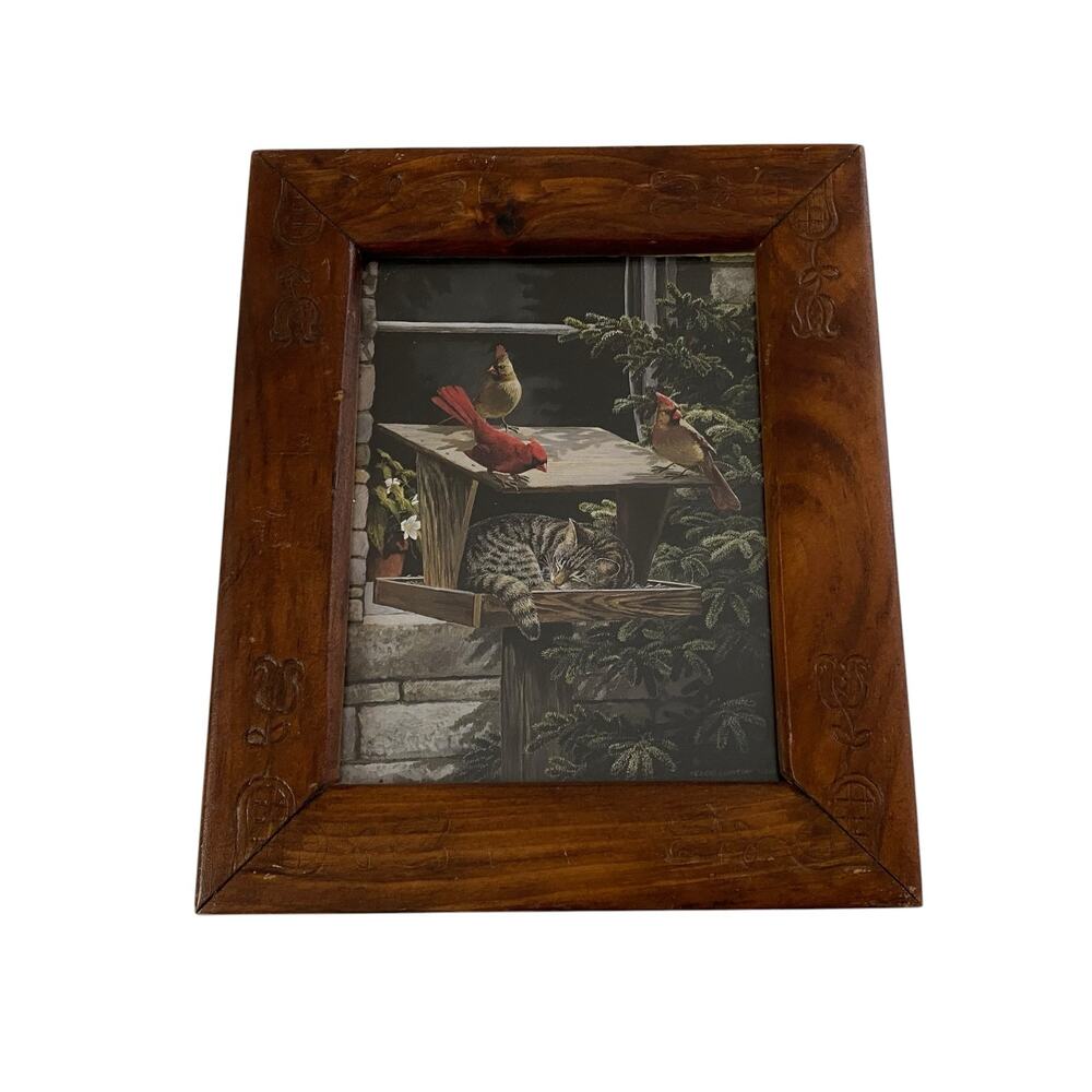 Vintage Carved Wood Frame Cat Birds Print Persis Clayton Weirs 90s Country 1992